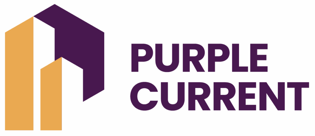Purple Current logo showing abstract buildings and yellow/purple color palette